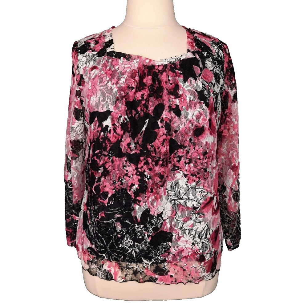 Christopher‎ Banks Floral Mesh Top Black Pink Womens PXL Whimsigoth Fairy Grunge